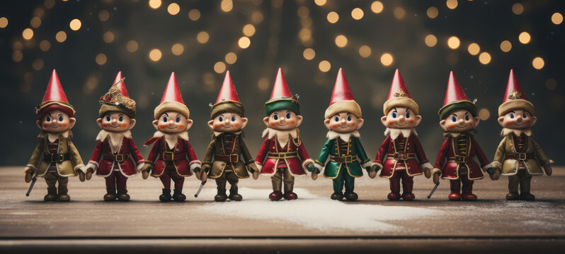Row of cute toy elves in pointed hats on banner with copy space