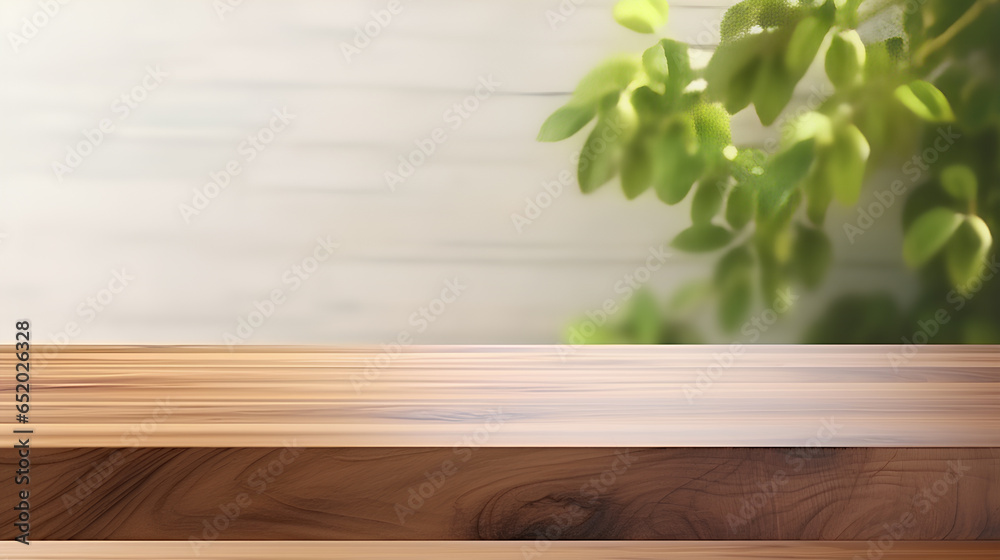 Wall mural Empty brown wooden table over white concrete wall background. For product display montage.