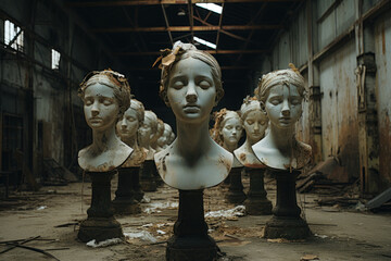 A pop-up art installation in an abandoned warehouse, showcasing avant-garde sculptures. Generative Ai.