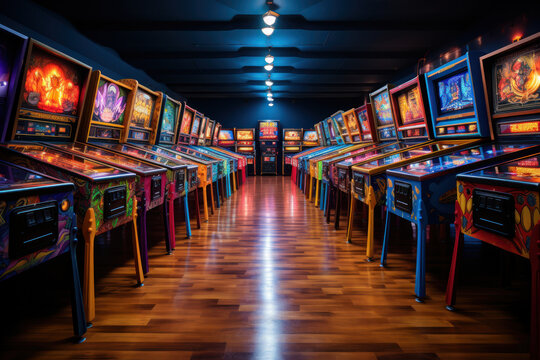 A Vintage Arcade Filled With Pinball Machines, Bringing Nostalgia To A New Generation. Generative Ai.