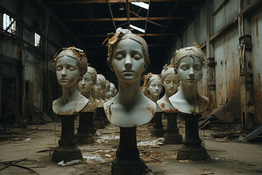 A pop-up art installation in an abandoned warehouse, showcasing avant-garde sculptures. Generative Ai.
