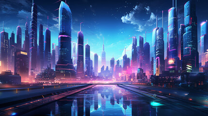 Fototapeta na wymiar Cityscape set in a futuristic cyberpunk world