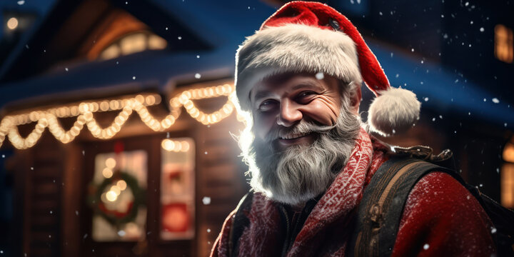 Santa Claus standing in front of a Christmas setting banner with copy space 