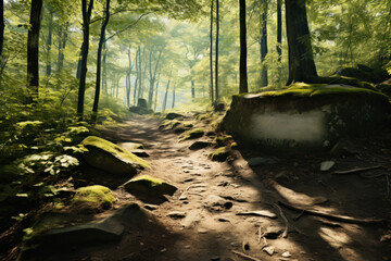 A forest trail adorned with positive affirmations, inviting hikers to reflect on mental well-being....
