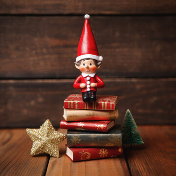 Cute colorful wooden toy elf sitting on a stack of books with copy space  