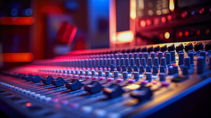 Audio mixing console in the recording studio. Selective focus. Shallow depth of field