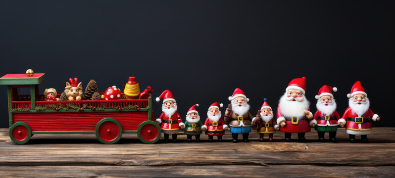 Cute toy Santas standing in a row with toy train on wood banner with copy space 