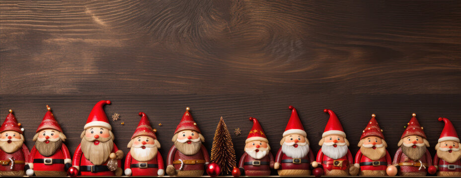 Cute toy Santas standing in a row on wood banner with copy space 