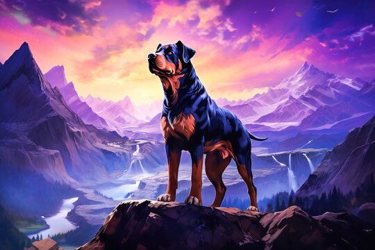 A Rottweiler dog standing proudly on a rocky cliff with majestic mountain backdrop, and distant peaks. Generative AI.