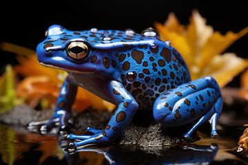 A dazzlingly colored blue poison arrow frog, found in the rainforests of Central and South America....