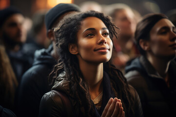 Obraz premium A congregation of worshipers bowing their heads in prayer during a Sunday morning service. Concept of spiritual devotion. Generative Ai.