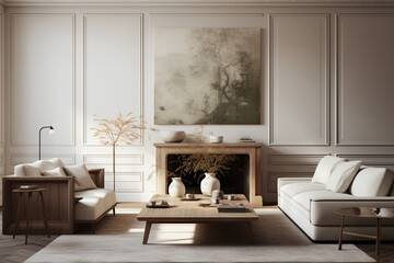 a living room decorated with wooden furniture and wall white