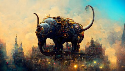detailed bull elephant cityscape steampunk loving 4k 