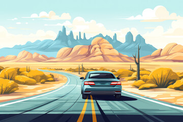 Long automobile road, highway along the mountains and desert landscape, travel concept, traveling by car, cartoon illustration - obrazy, fototapety, plakaty