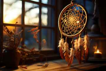 Fototapeta na wymiar A dreamcatcher hanging by a window, believed to capture and filter dreams as they enter the room. Generative Ai.
