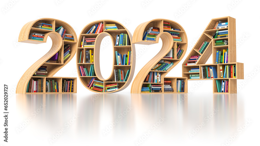 Aufkleber happy 2024 new year education concept. bookshelves with books in the form of text 2024.