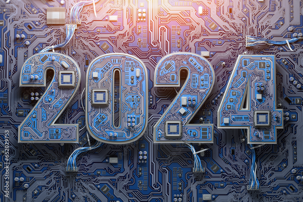Aufkleber 2024 on circuit board or motherboard with cpu. Computer technology and internet commucations digital concept background. Happy new 2024 year.