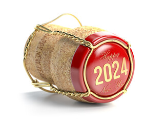 2024 Happy new year champaign cork cap isolated on white. 3d illustration