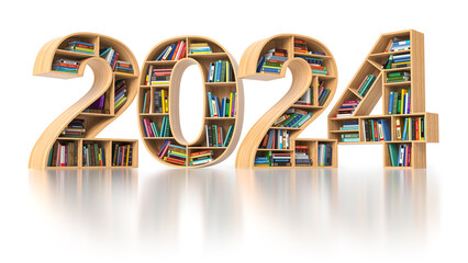 Happy 2024 new year education concept. Bookshelves with books in the form of text 2024.