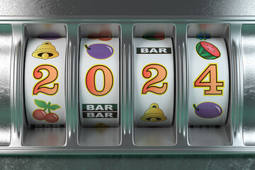 2024 Happy New Year  in casino. Slot machine with jackpot number 2024.
