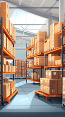 Retail warehouse with shelves on which are cardboard boxes, a store warehouse or a sorting room for product delivery, illustration