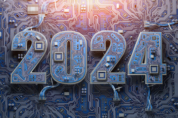 2024 on circuit board or motherboard with cpu. Computer technology and internet commucations digital concept background. Happy new 2024 year.
