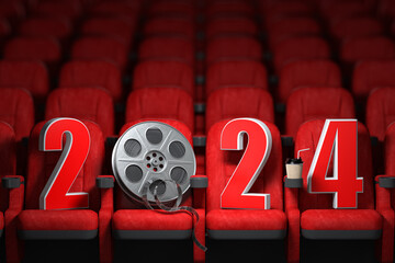 Happy new 2024 year in cinema red seats. 2024 cinema and movie season concept. - 652029755