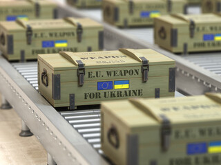 Military production, supply and delivery EU aeuropean weapon for Ukraine. Weapon box with flags of European Union and Ukraine on conveyor belt. - obrazy, fototapety, plakaty
