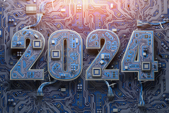 2024 on circuit board or motherboard with cpu. Computer technology and internet commucations digital concept background. Happy new 2024 year.