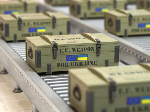 Military production, supply and delivery EU aeuropean weapon for Ukraine. Weapon box with flags of European Union and Ukraine on conveyor belt.
