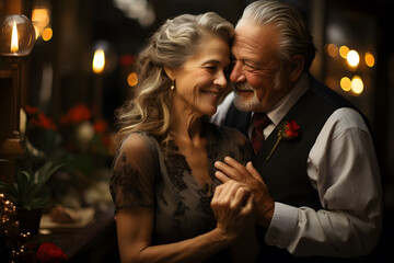 senior couple dancing in a restaurant with candle lights