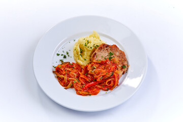 steak with mashed potato and vegetables