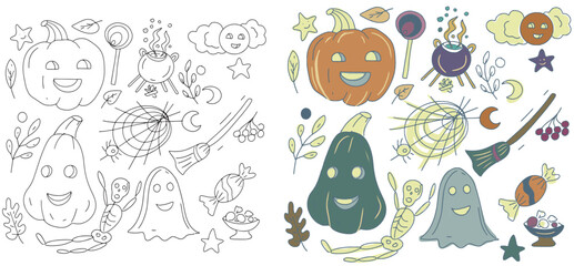 Halloween hats autumn holiday set coloring drawn by hand separately on a white background elements orange and purple colors magic
