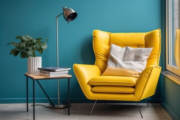 Colorful Interior Design of a Modern House with Yellow Couch and Blue Wall creating an Amazing Contrast.