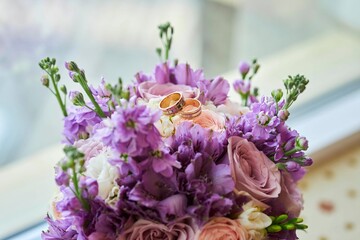 Two wedding rings on the table next to a bouquet of flowers, a wedding celebration