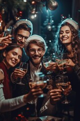 Happy people at festive christmas party - obrazy, fototapety, plakaty