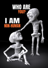 Non-human body, alien mummy, Nazca Mummy, Mexico. Black background. 3D rendering
