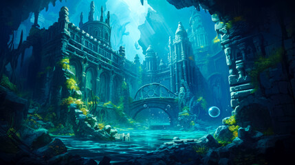 Fantasy landscape with temple and ocean.