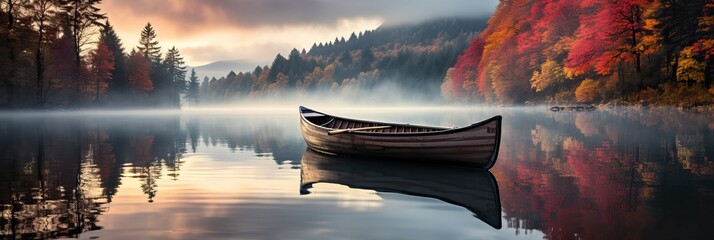 Tiny Wooden Boat in the Middle of the River during the Sunset. Autumnal Season.