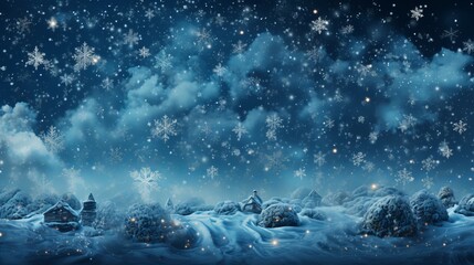Winter background with snowflakes close-up and blue tint, snow-covered trees, free copy space, cold time, Concept: landscape splash screen - obrazy, fototapety, plakaty