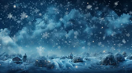 Fotobehang Winter background with snowflakes close-up and blue tint, snow-covered trees, free copy space, cold time, Concept: landscape splash screen © Marynkka_muis