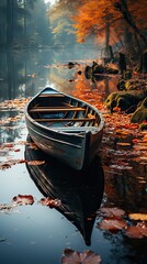 Tiny Wooden Boat in the Middle of the River.. Autumnal Season.
