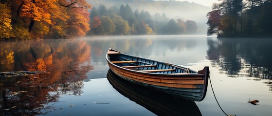 Tiny Wooden Boat in the Middle of the River.. Autumnal Season.