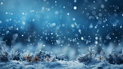 Obraz na płótnie Canvas Winter background with snowflakes close-up and blue tint, snow-covered trees, free copy space, cold time, Concept: landscape splash screen