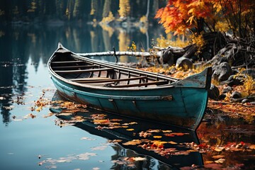 Obraz premium Tiny Wooden Boat in the Middle of the River.. Autumnal Season.