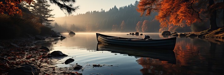 Tiny Wooden Boat in the Middle of the River during the Sunset. Autumnal Season.