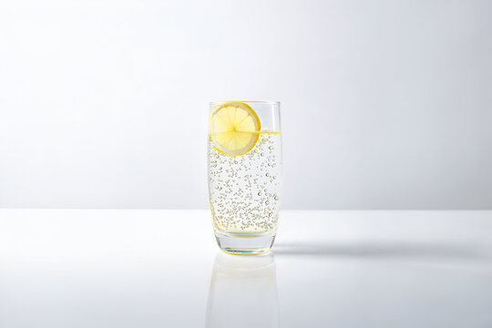 Mineral water with a slice of lemon in front of white blank isolated background. - Generative AI