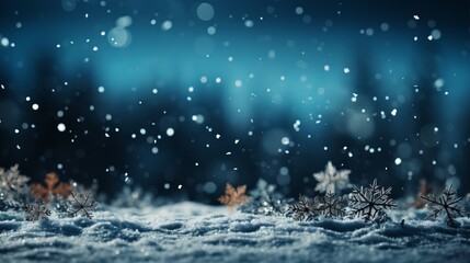 Winter background with snowflakes close-up and blue tint, snow-covered trees, free copy space, cold time, Concept: landscape splash screen