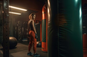 Young woman wearing orange boxing tights stands near equipment in gym. - obrazy, fototapety, plakaty