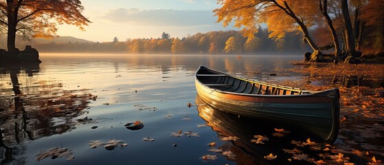 Tiny Wooden Boat in the Middle of the River during the Sunset. Autumnal Season. - obrazy, fototapety, plakaty